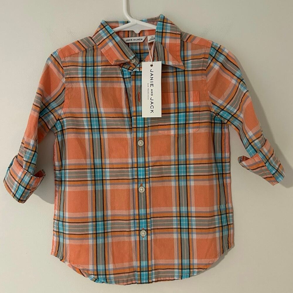 NWT Janie & Jack Boys 2T 100% Cotton Button Down Shirt Orange Green Lightweight